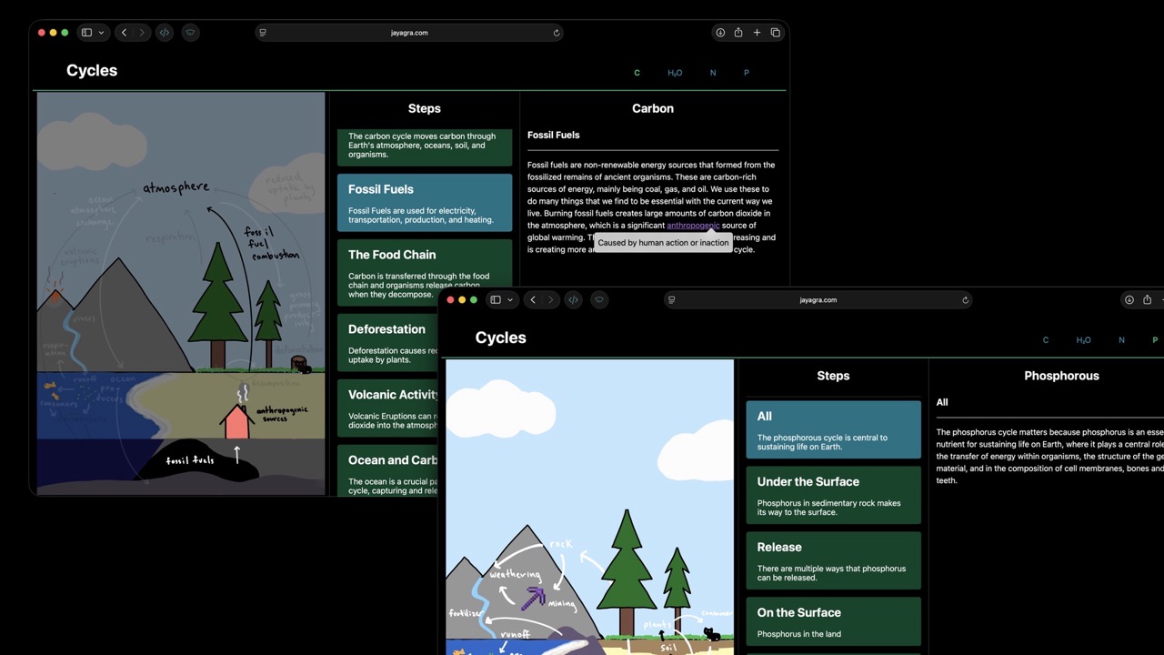 Environmental science cycle learning tool interface screenshots.