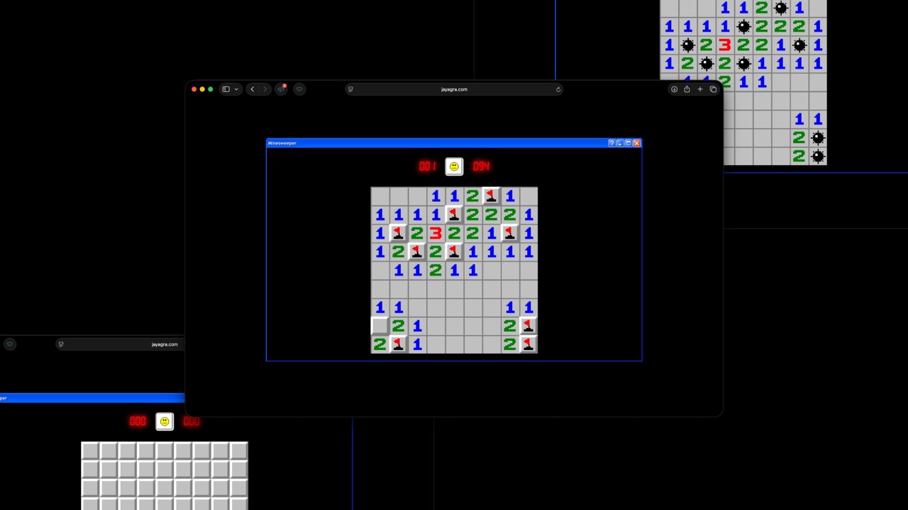Three screenshots of the minesweeper game in various states.