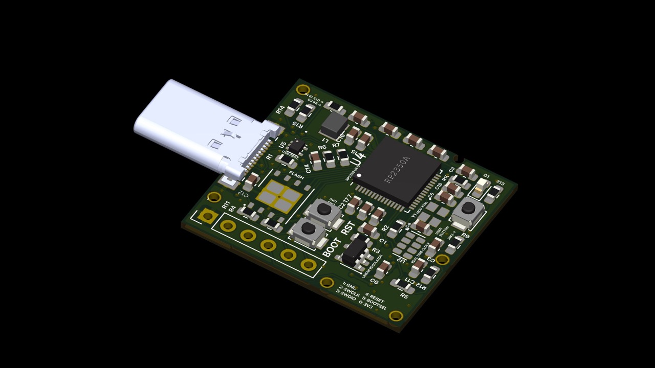 CAD image of a minimal RP2350 interface PCB.
