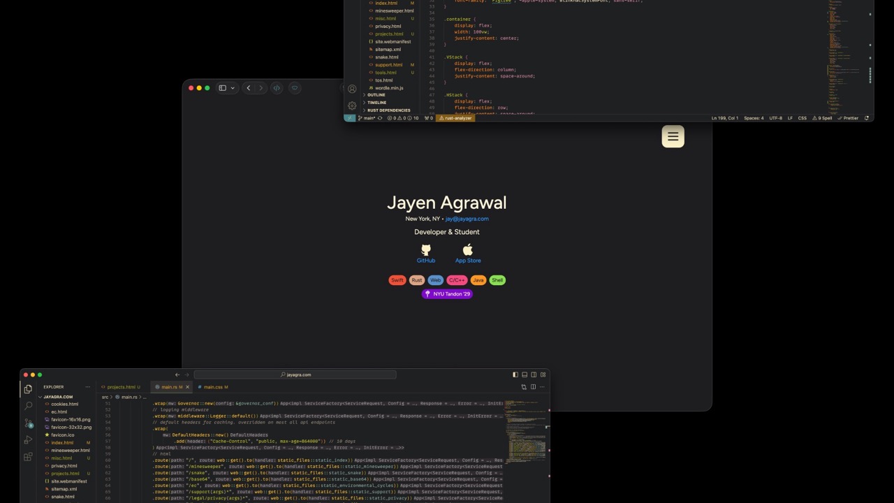 A screenshot of this website, along with two screenshots of the code behind it.