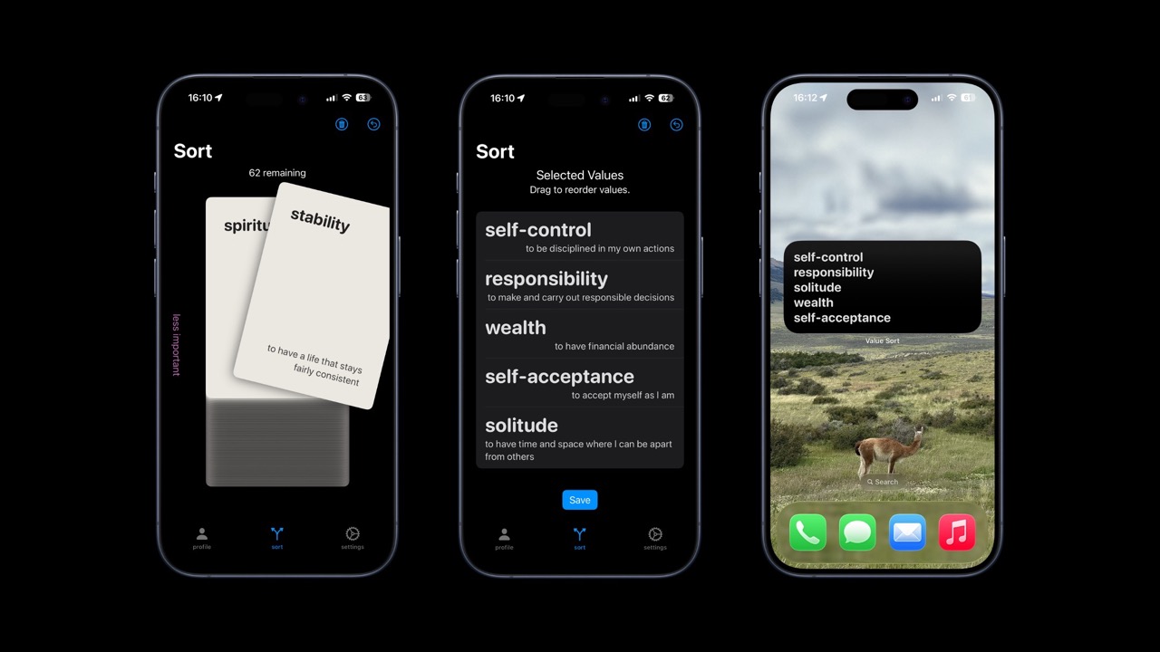 Personal Value Sort app & widget screenshots.